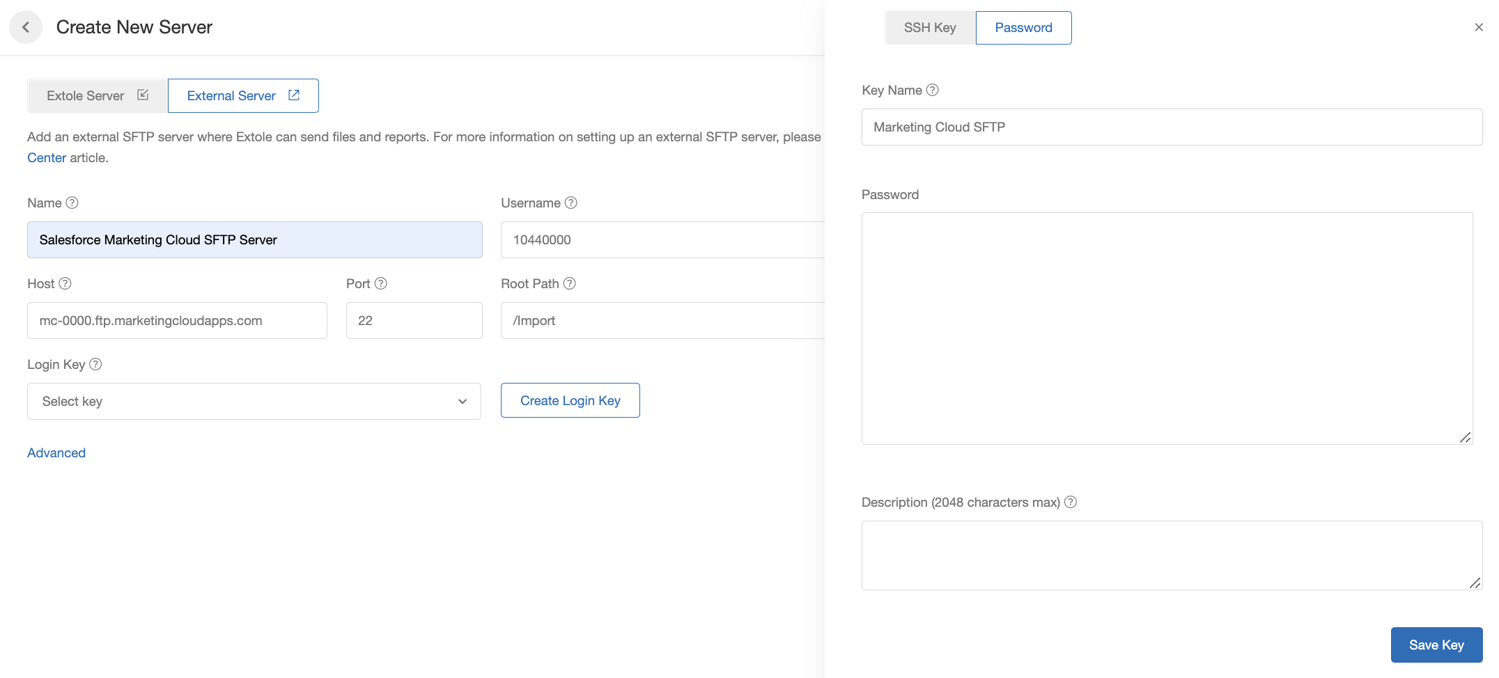 Screenshot showing Click on the Create Login Key button and select the Password option. Name the key whatever you would like and enter in the password you created in Marketing...