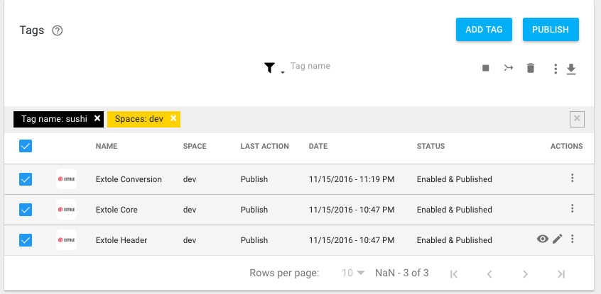 Screenshot showing Tap publish at the top of the tag list