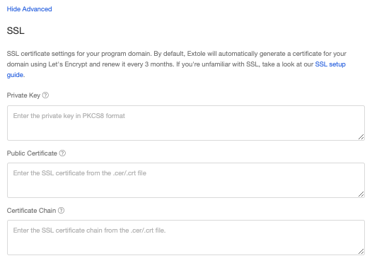 Screenshot showing You can open the Advanced menu on the domain configuration screen to access SSL settings.