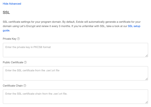 Screenshot showing You can open the Advanced menu on the domain configuration screen to access SSL settings.