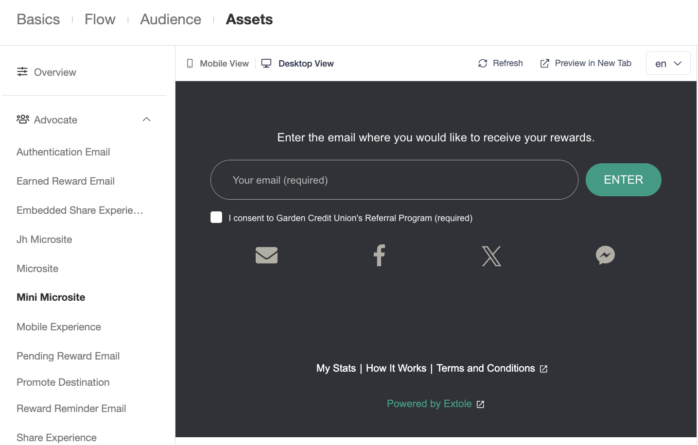 Screenshot showing Submit a request to your Extole team to add the jh microsite and mini microsite zones to your Extole campaign. Then configure the mini micrositezone that was...