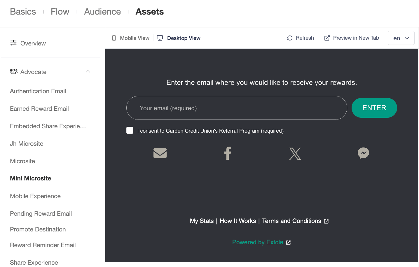 Screenshot showing Submit a request to your Extole team to add the jh microsite and mini microsite zones to your Extole campaign. Then configure the mini micrositezone that was...