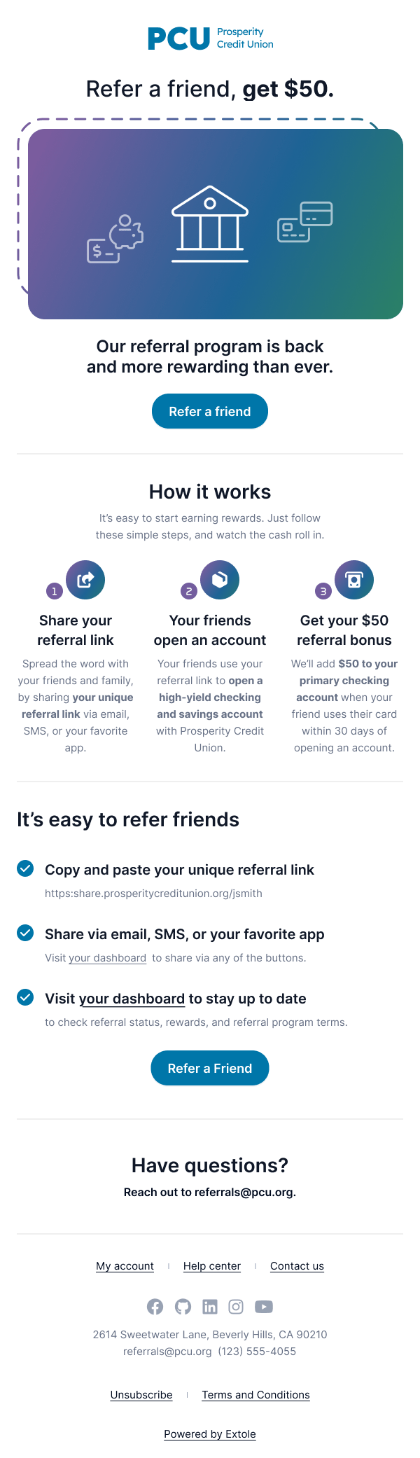 Screenshot showing CTA Link - Drive directly to your referral SSO page from your email. If sending from your own email marketing platform, generate a promo link in the Extole...