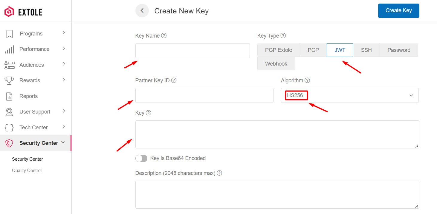 Screenshot showing | Key | The key itself (32 or more characters in length). |