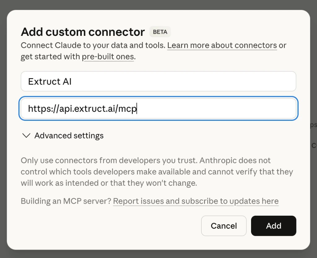 Add custom connector: Name Extruct AI, MCP URL https://api.extruct.ai/mcp
