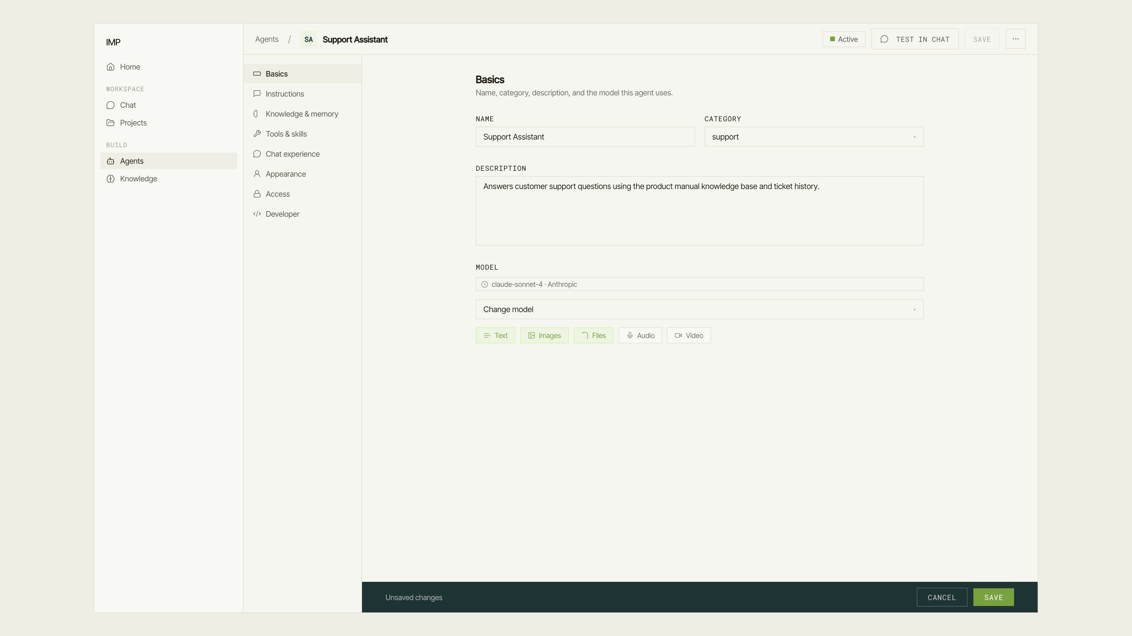 IMP agent workbench showing the section navigation rail with Basics selected, the Basics form with name, category, description, and model fields, and a Save Bar at the bottom with unsaved changes