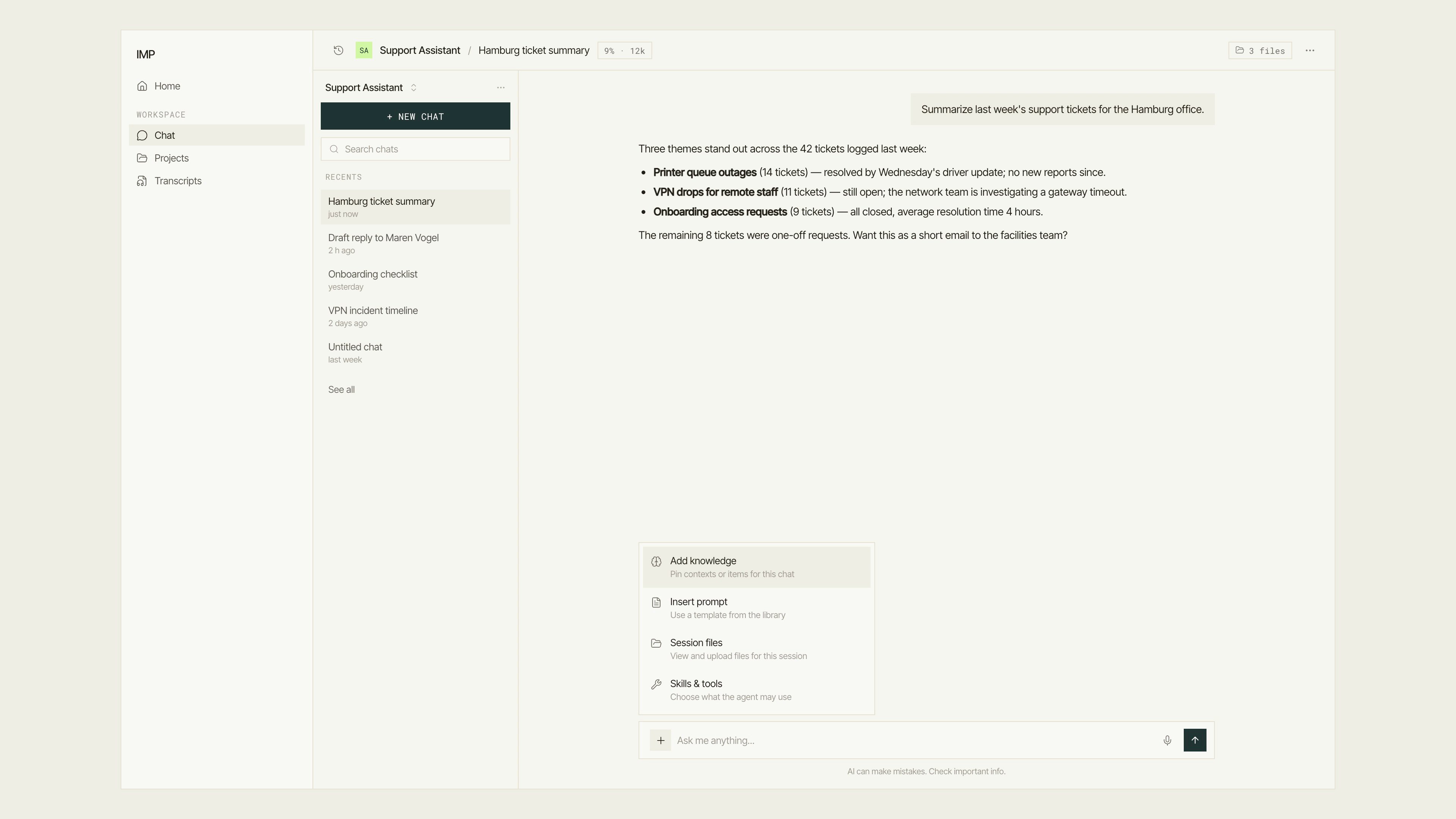 IMP chat composer with the Add to conversation menu open, showing Add knowledge, Insert prompt, Session files, and Skills and tools entries
