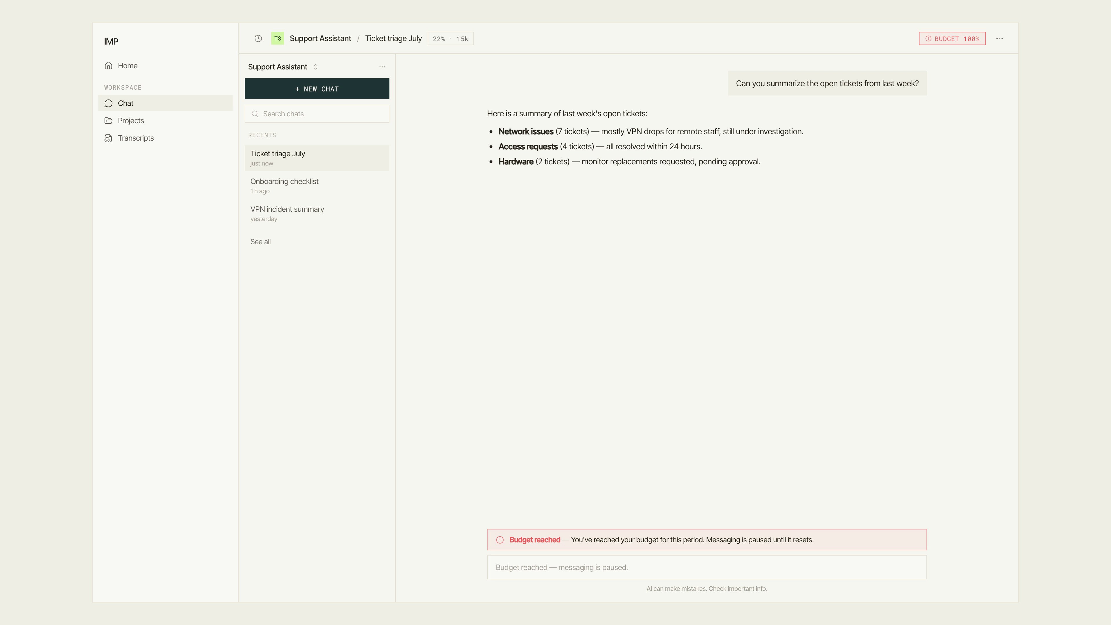 IMP chat screen with a red Budget 100% chip in the top bar, a budget reached warning banner above the composer, and a disabled message input reading 'Budget reached — messaging is paused'