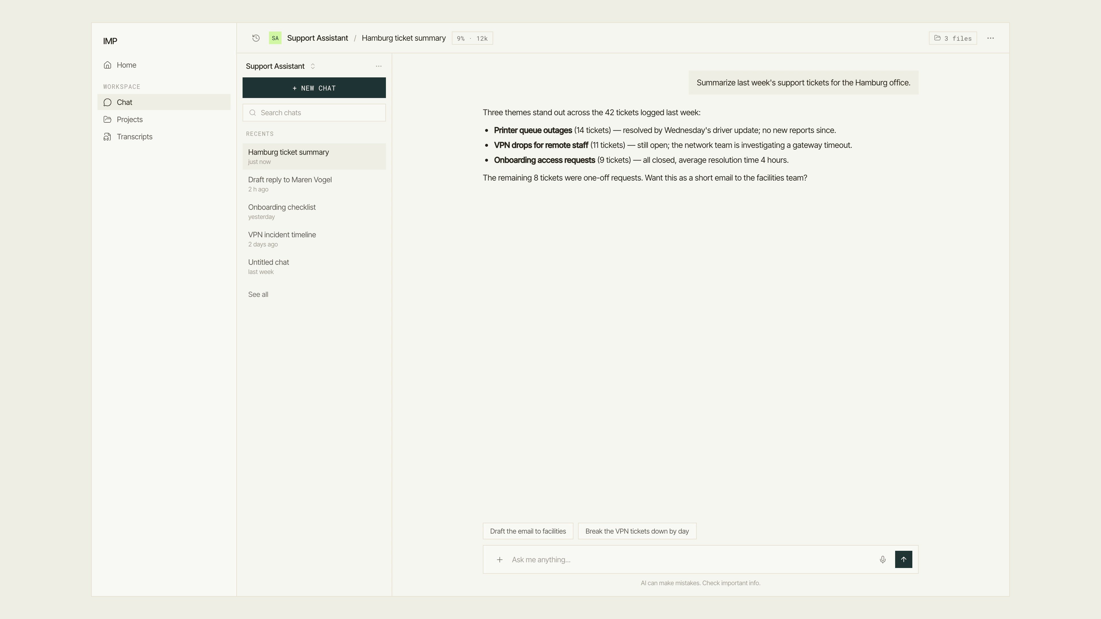 IMP chat screen showing the sidebar, the conversation history rail, a conversation with an agent, and the message composer