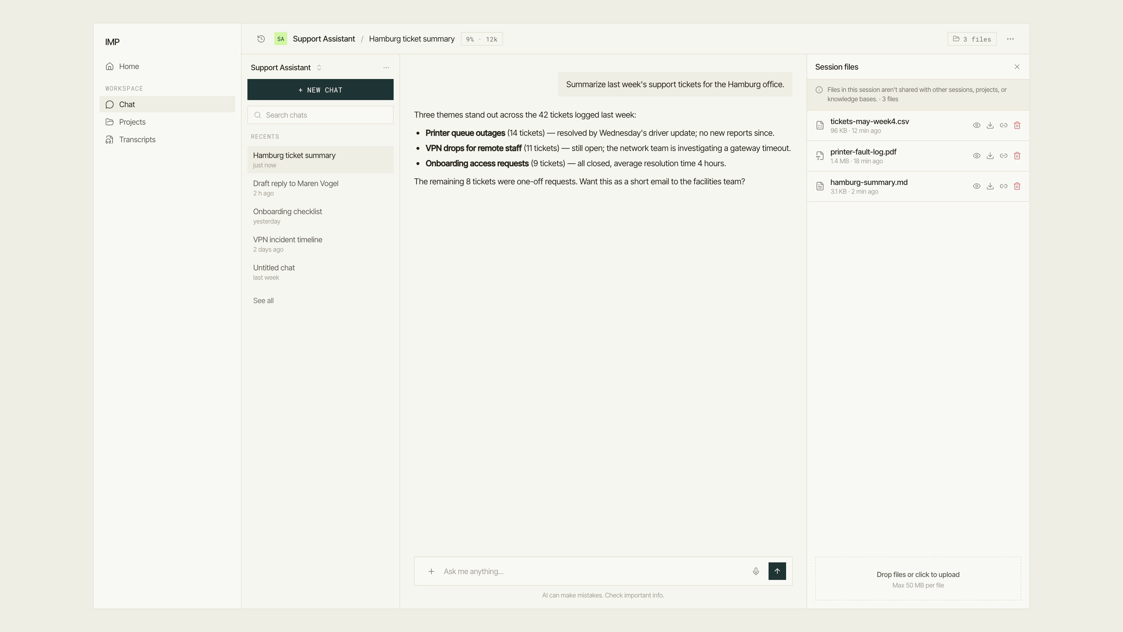 IMP chat screen with the Session files panel open, listing three files with preview, download, and delete actions