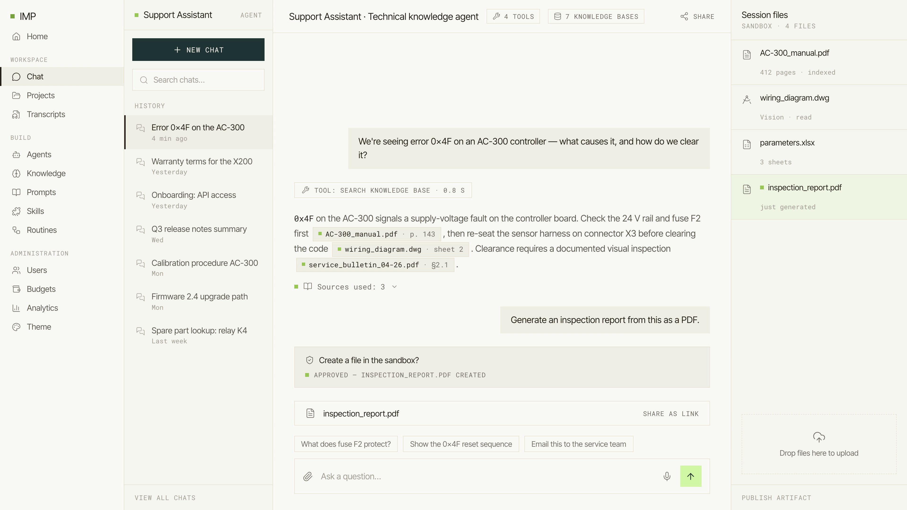 The IMP platform: the main navigation sidebar (Workspace, Build, and Administration), a chat history rail, an agent answering a technical question with inline source citations and a generated report, and the session files panel