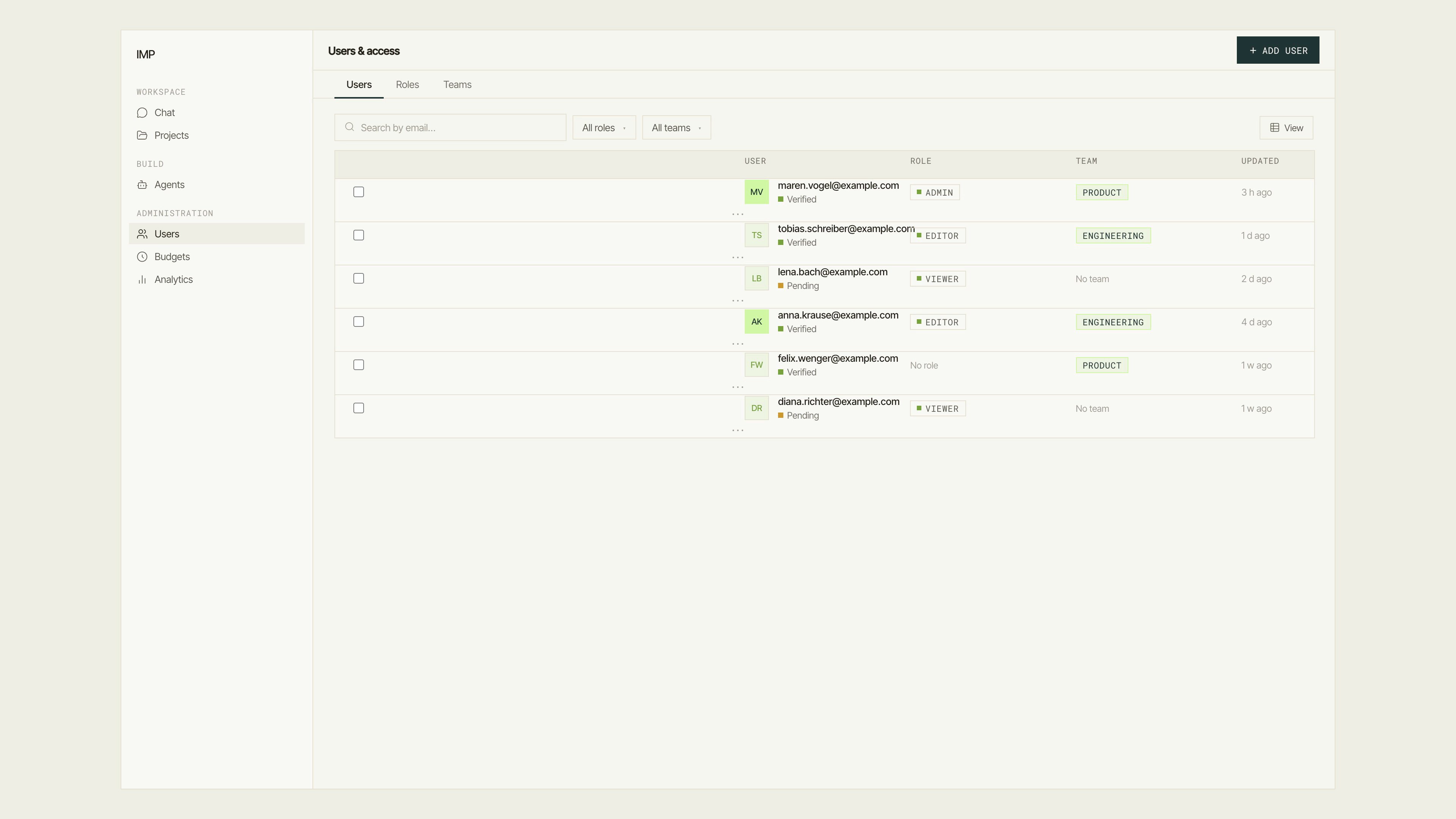 IMP Users & access screen on the Users tab. A toolbar has a search field labeled 'Search by email…', a Role dropdown, and a Team dropdown. Below, a table shows columns User, Role, Team, and Updated, with several user rows showing email addresses, role badges, and team badges.