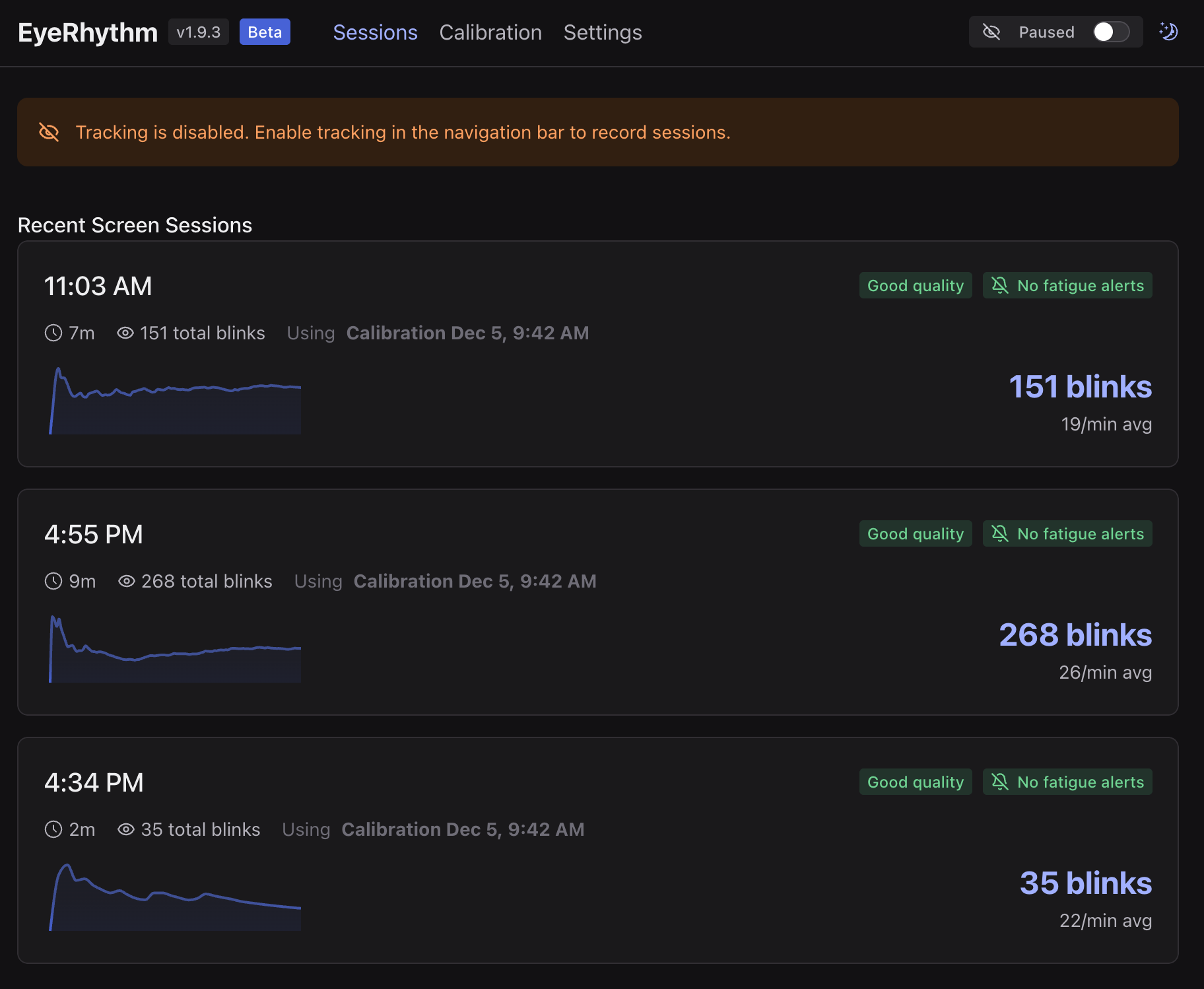 EyeRhythm app interface showing real-time blink tracking