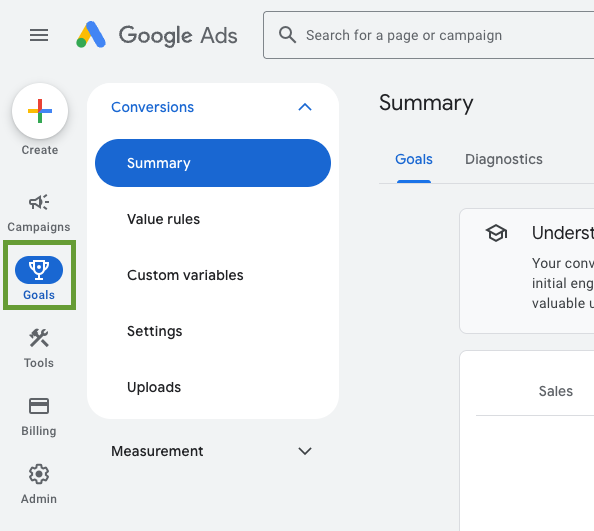 Goals menu in Google Ads