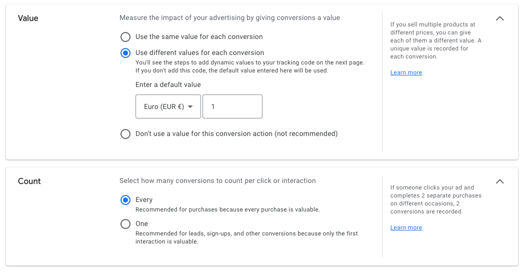 Value and count settings