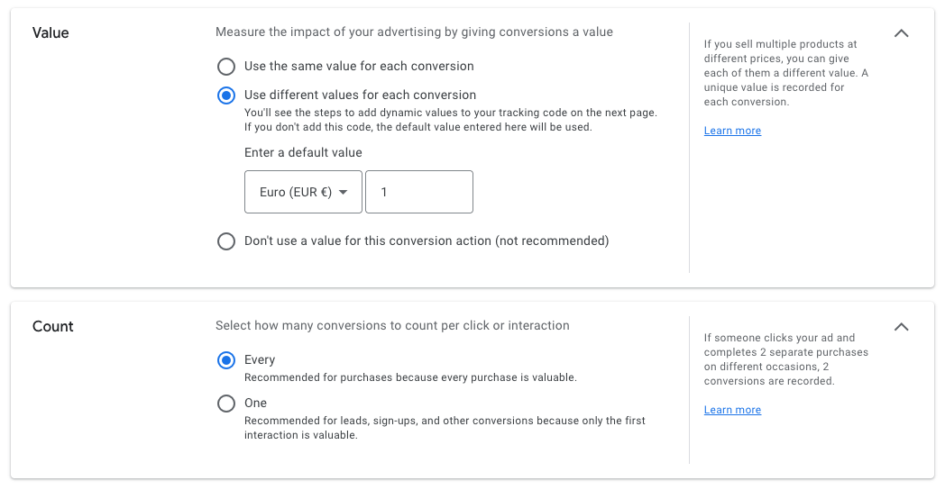Value and count settings