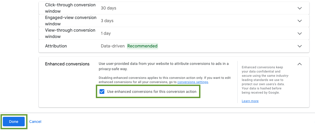 Enhanced conversions setting