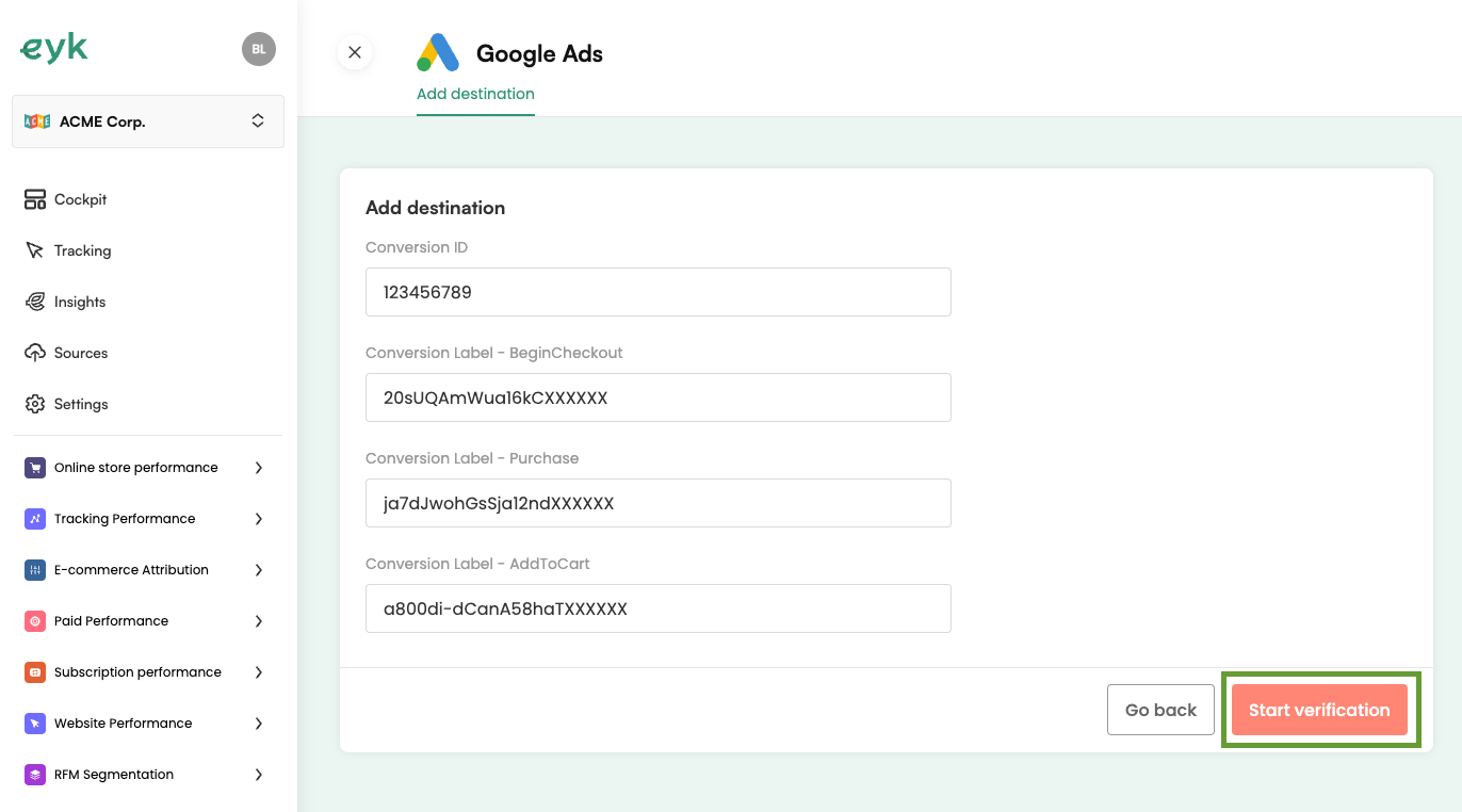 Google Ads conversion verification screen