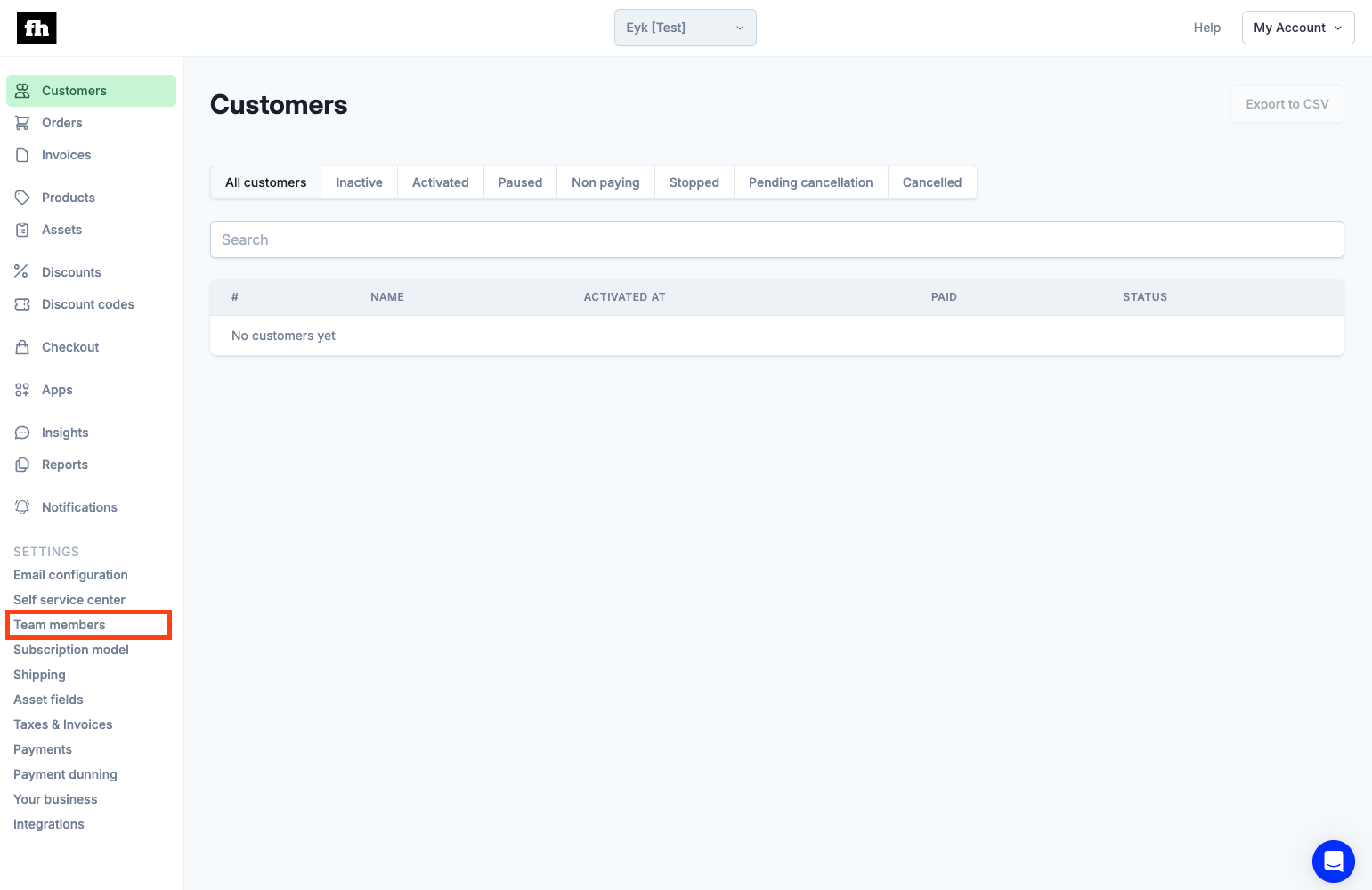 Firmhouse settings menu with Team members highlighted