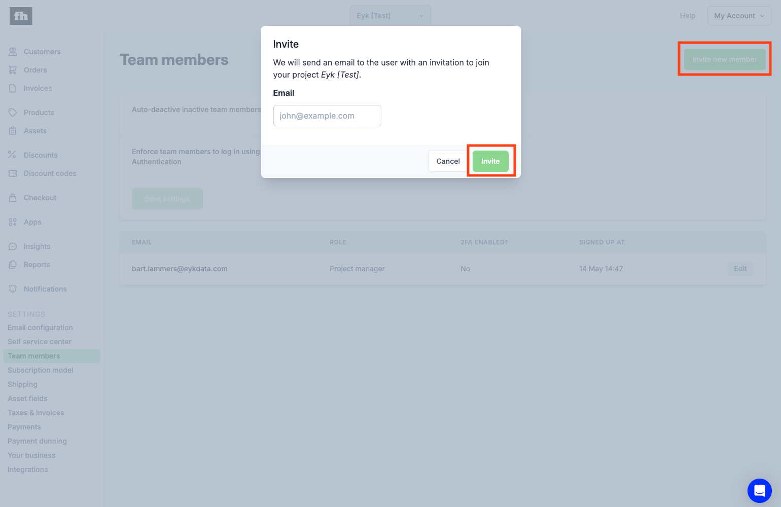 Firmhouse invite new member pop-up with the email field and Invite button