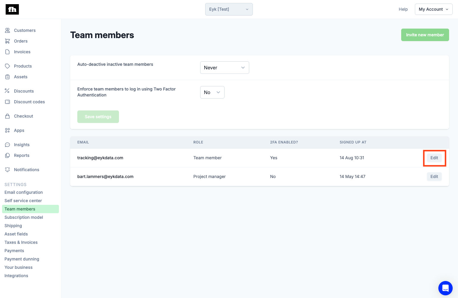 Firmhouse team members page with the Edit button for the tracking@eykdata.com user