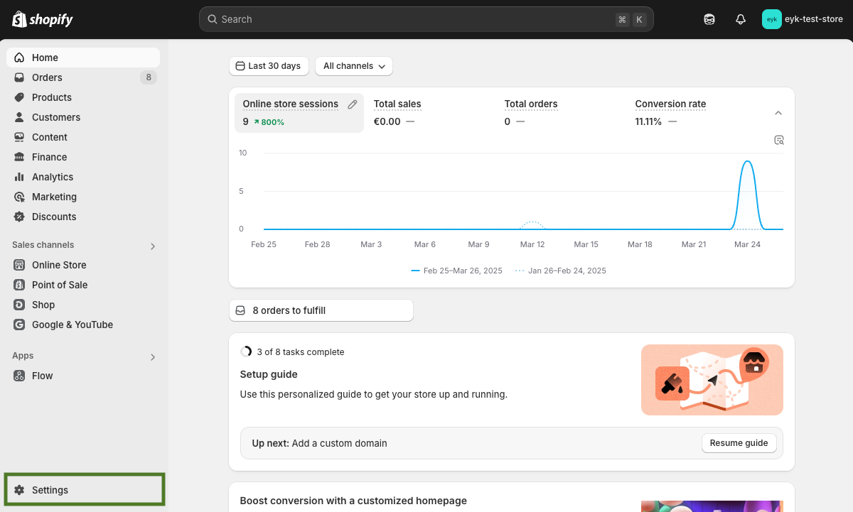 Shopify admin menu with Settings highlighted in the bottom left