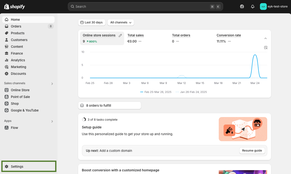Shopify admin menu with Settings highlighted in the bottom left