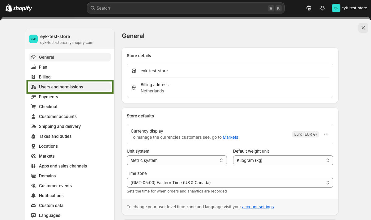 Shopify settings menu with Users and permissions highlighted