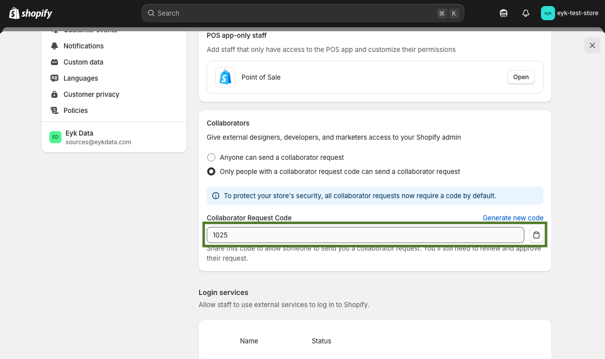 Shopify Collaborators section showing the 4-digit Collaborator Request Code