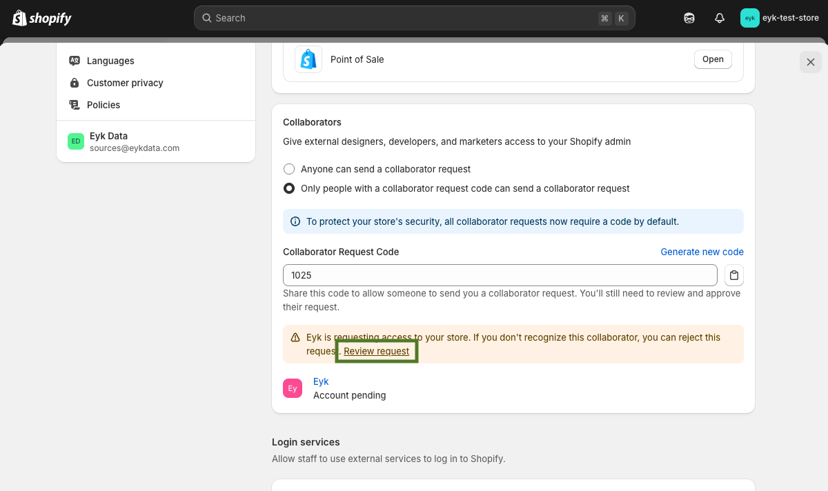 Shopify Collaborators section with the Review request button