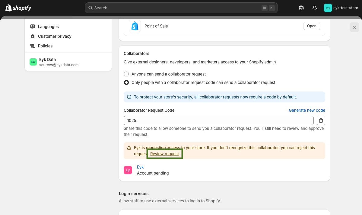 Shopify Collaborators section with the Review request button