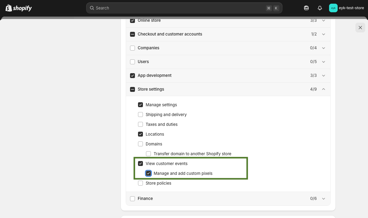 Shopify collaborator permissions with Online store and Store settings checkboxes