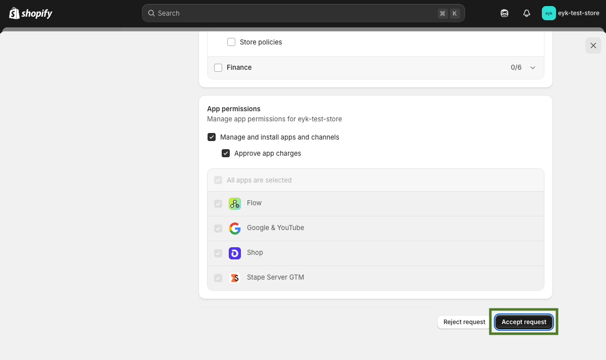 Shopify collaborator request page with the Accept request button