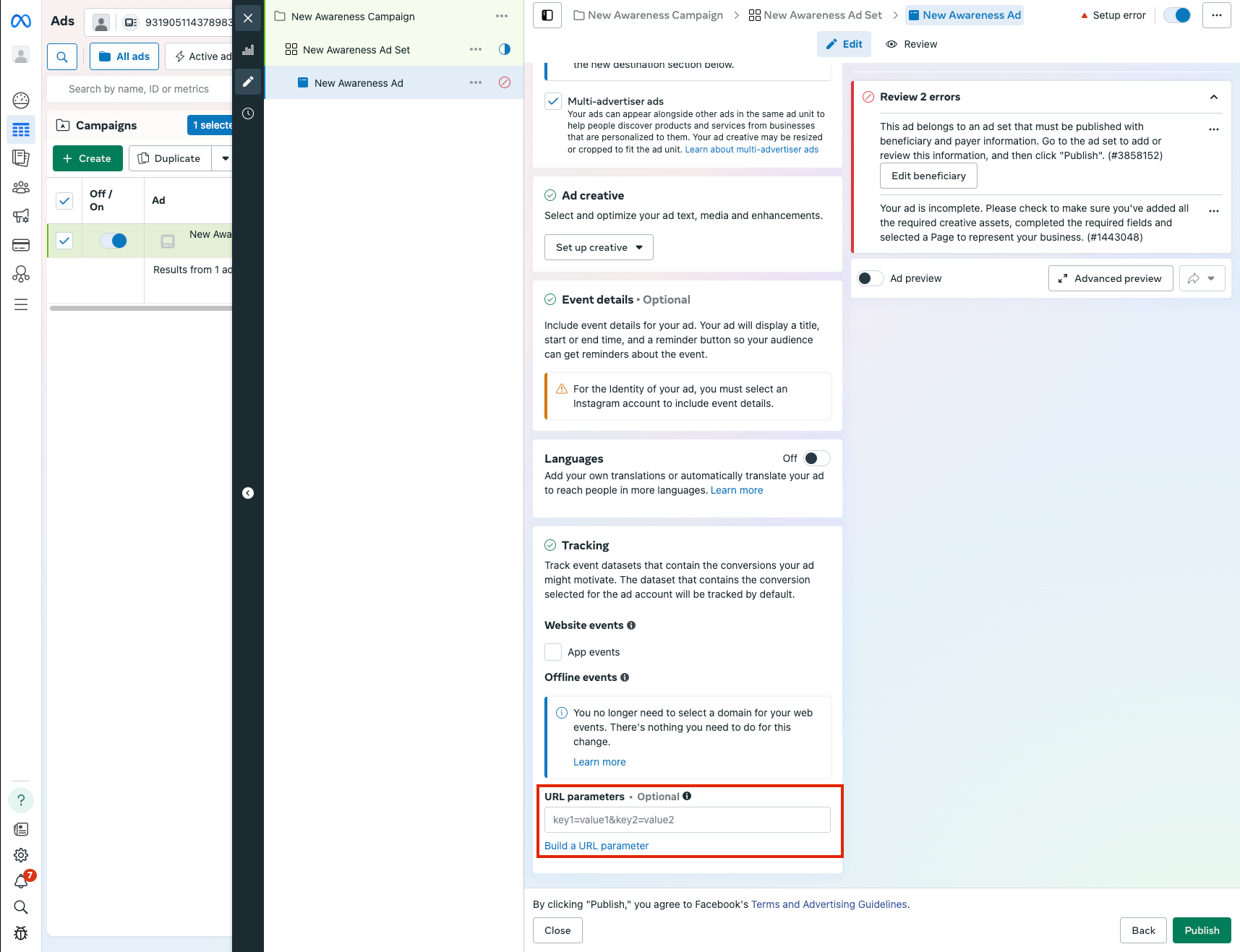 Meta ad tracking template field showing the Eyk URL parameters