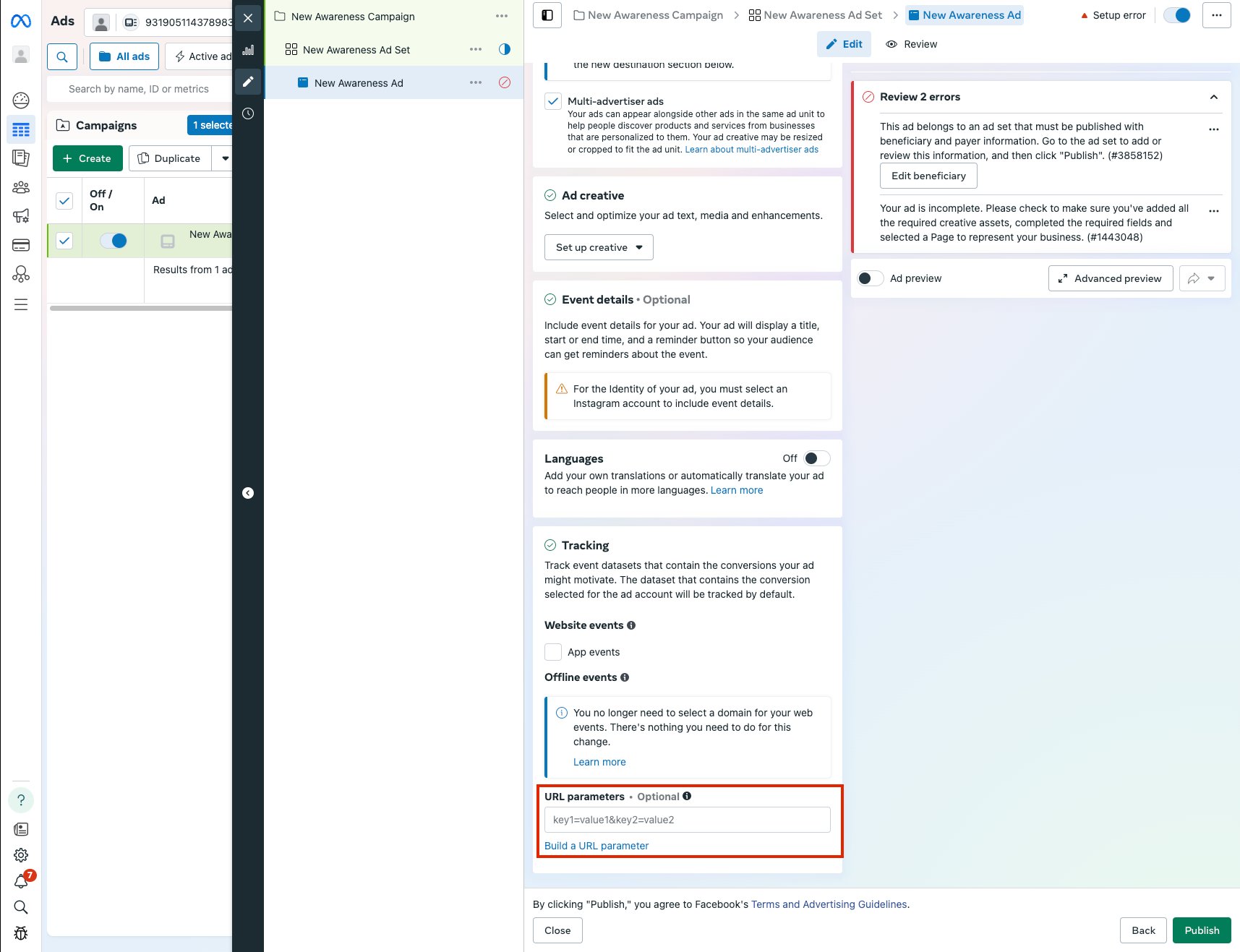 Meta ad tracking template field showing the Eyk URL parameters
