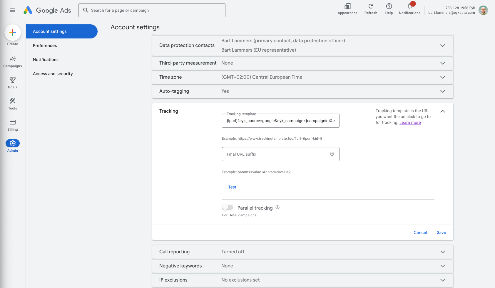 Google Ads account settings tracking template field showing the Eyk URL parameters