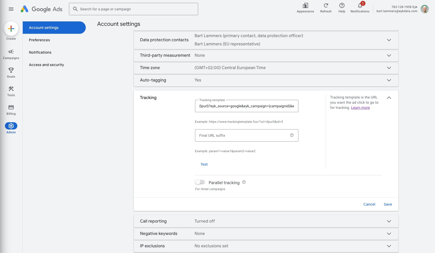 Google Ads account settings tracking template field showing the Eyk URL parameters