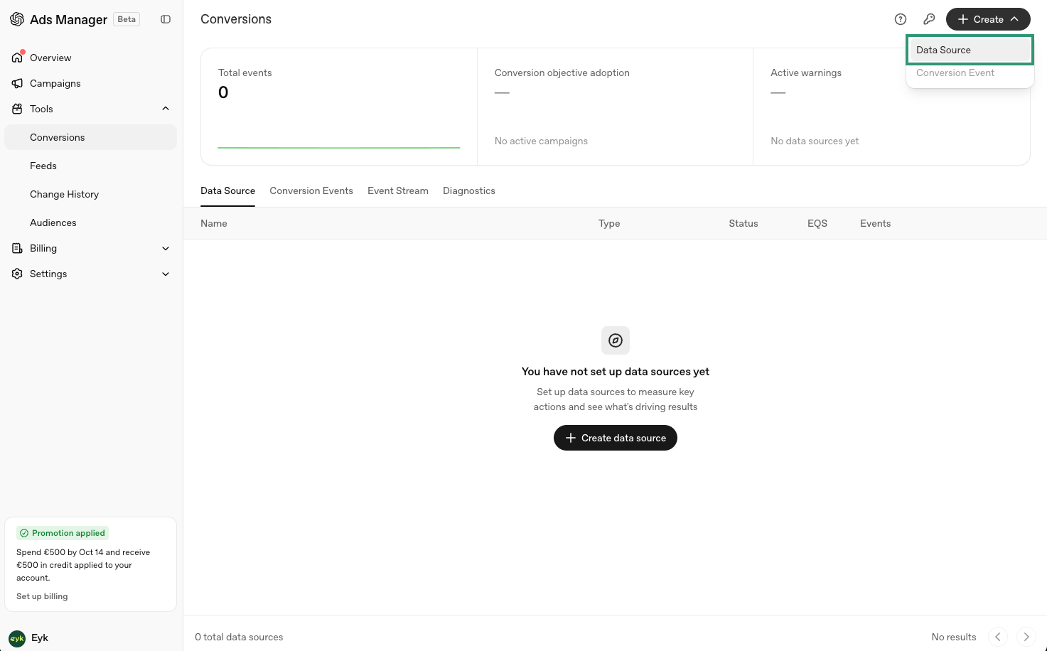 Create menu with the Data Source option in OpenAI Ads Manager