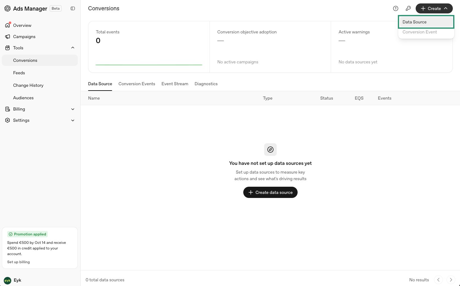 Create menu with the Data Source option in OpenAI Ads Manager