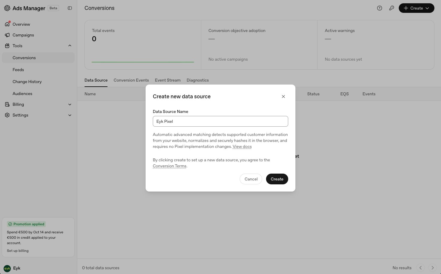 Create new data source dialog