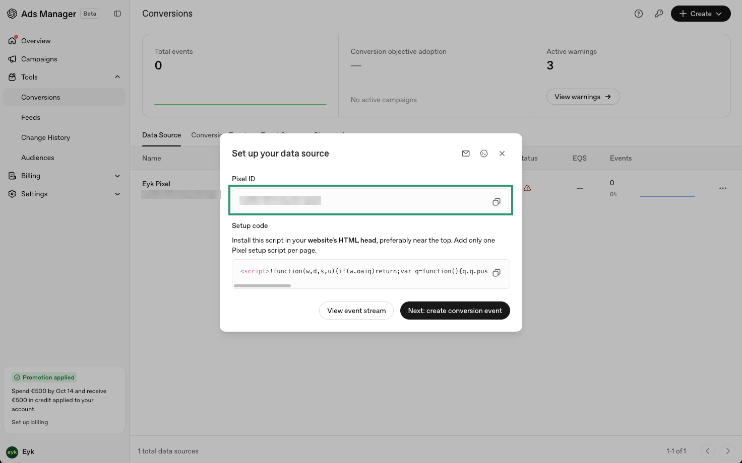 Set up your data source screen with the Pixel ID field