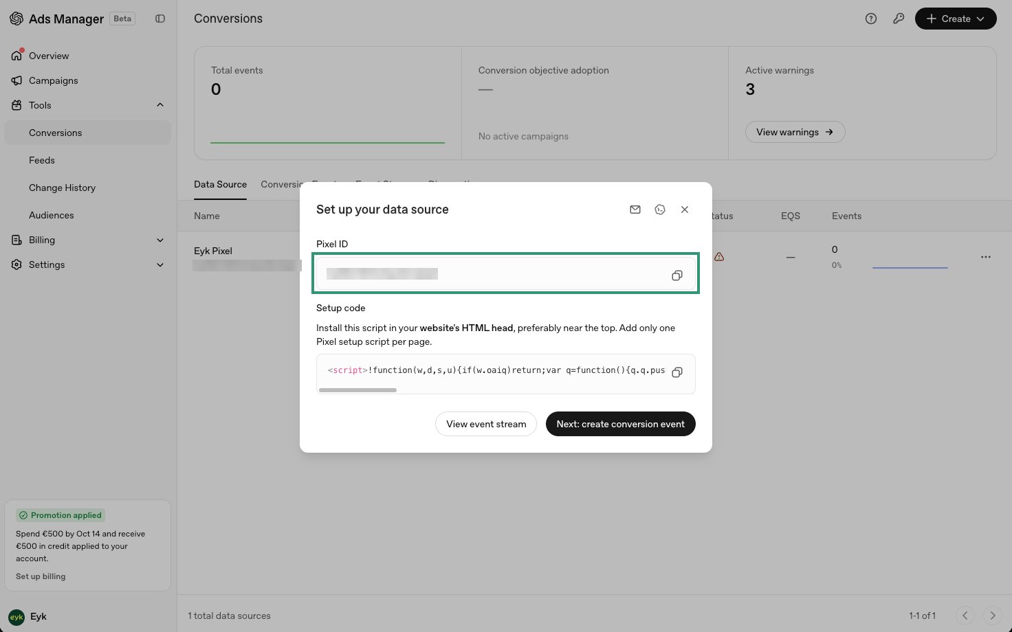 Set up your data source screen with the Pixel ID field