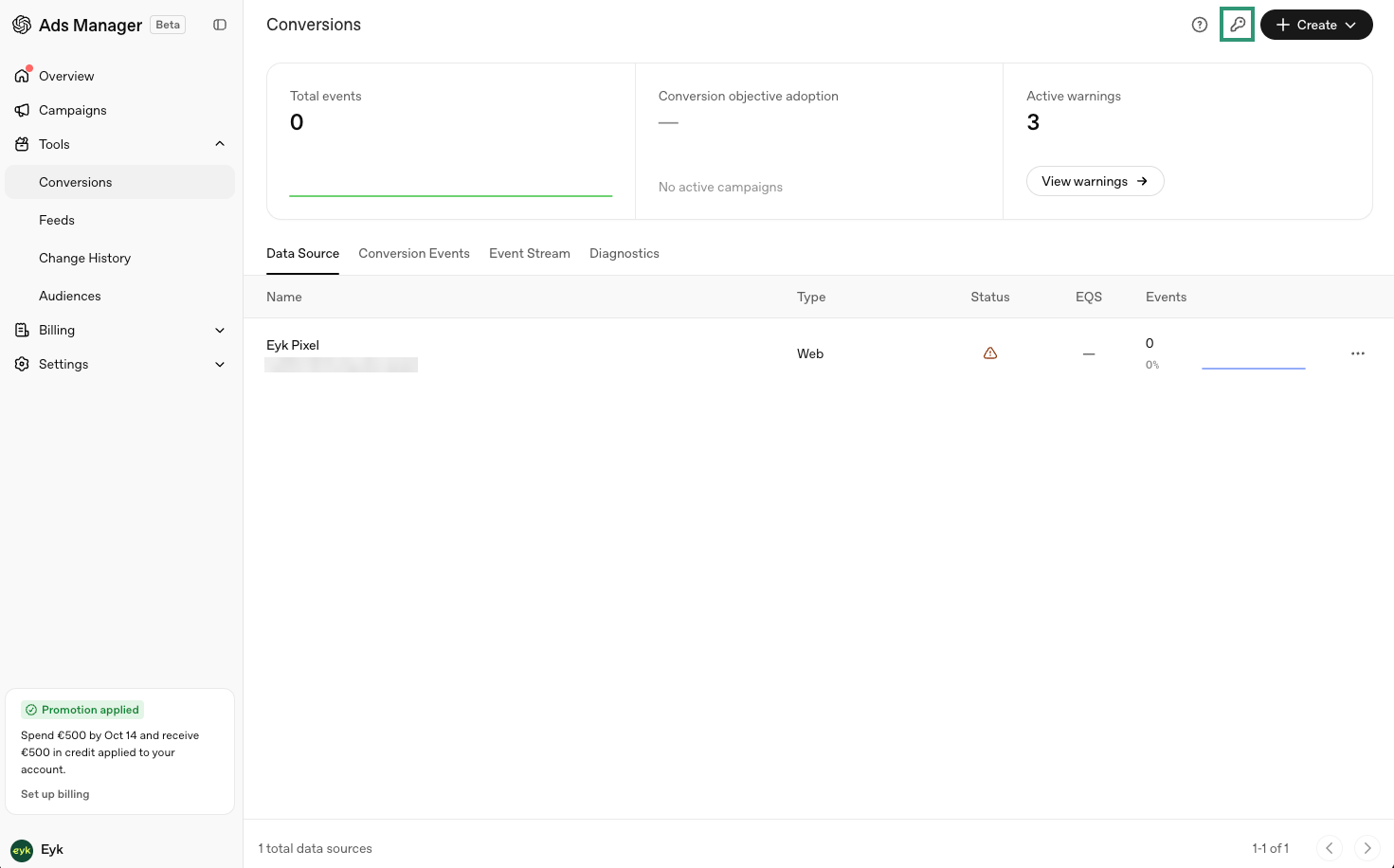 Conversions page with the key icon next to the Create button
