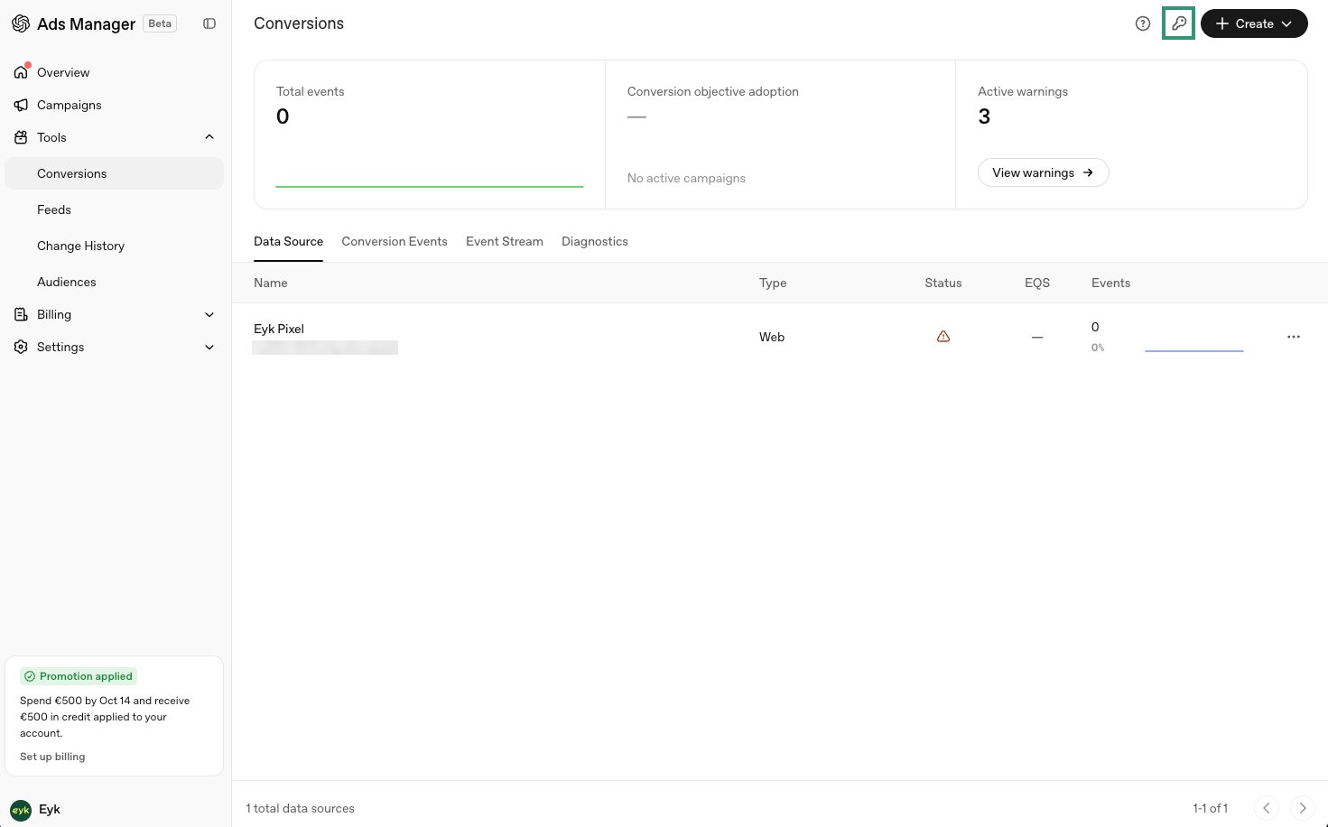 Conversions page with the key icon next to the Create button