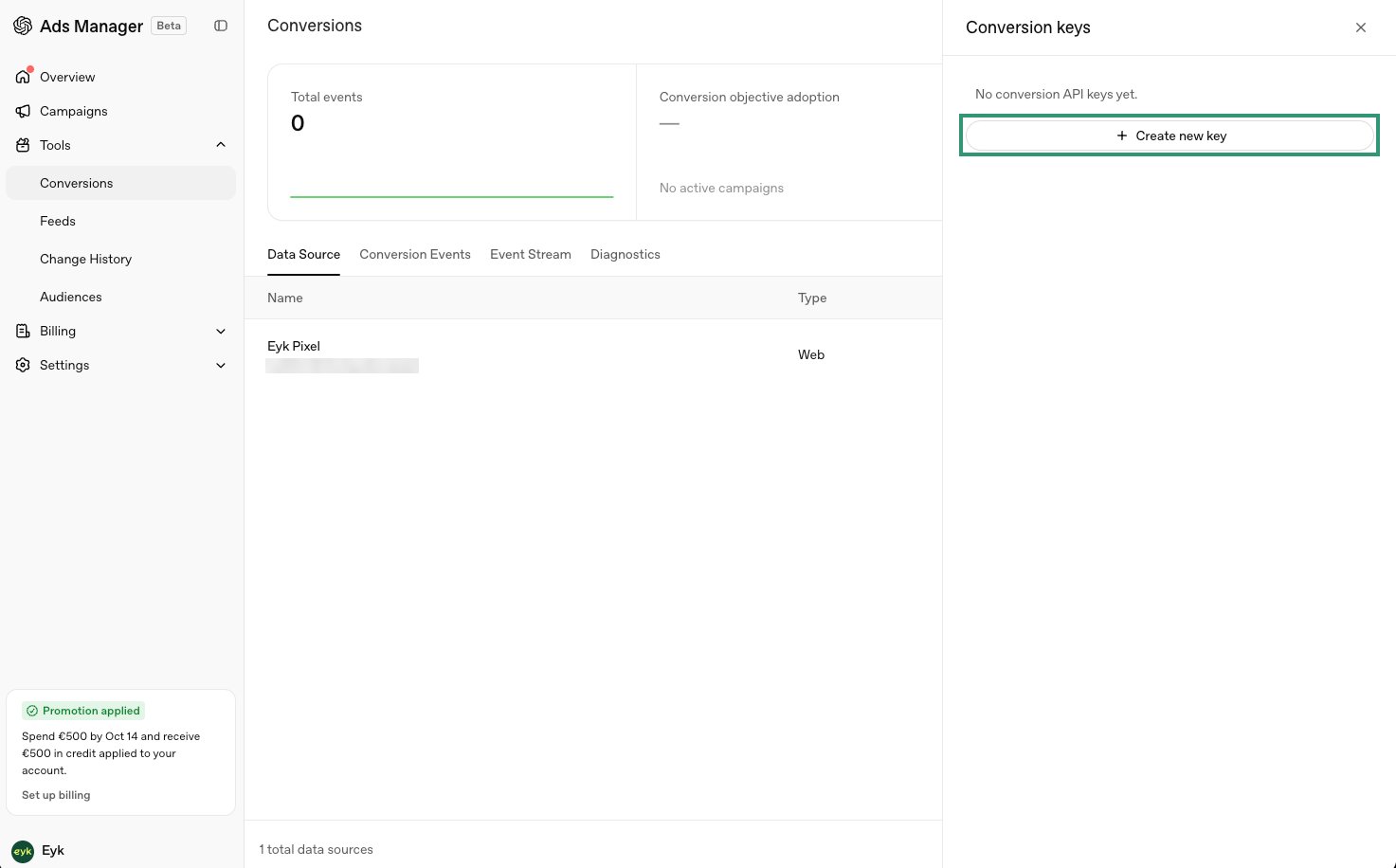Conversion keys panel with the Create new key button