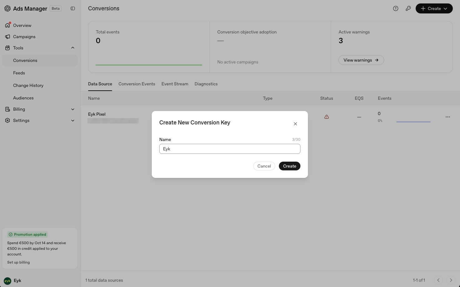 Create new conversion key dialog