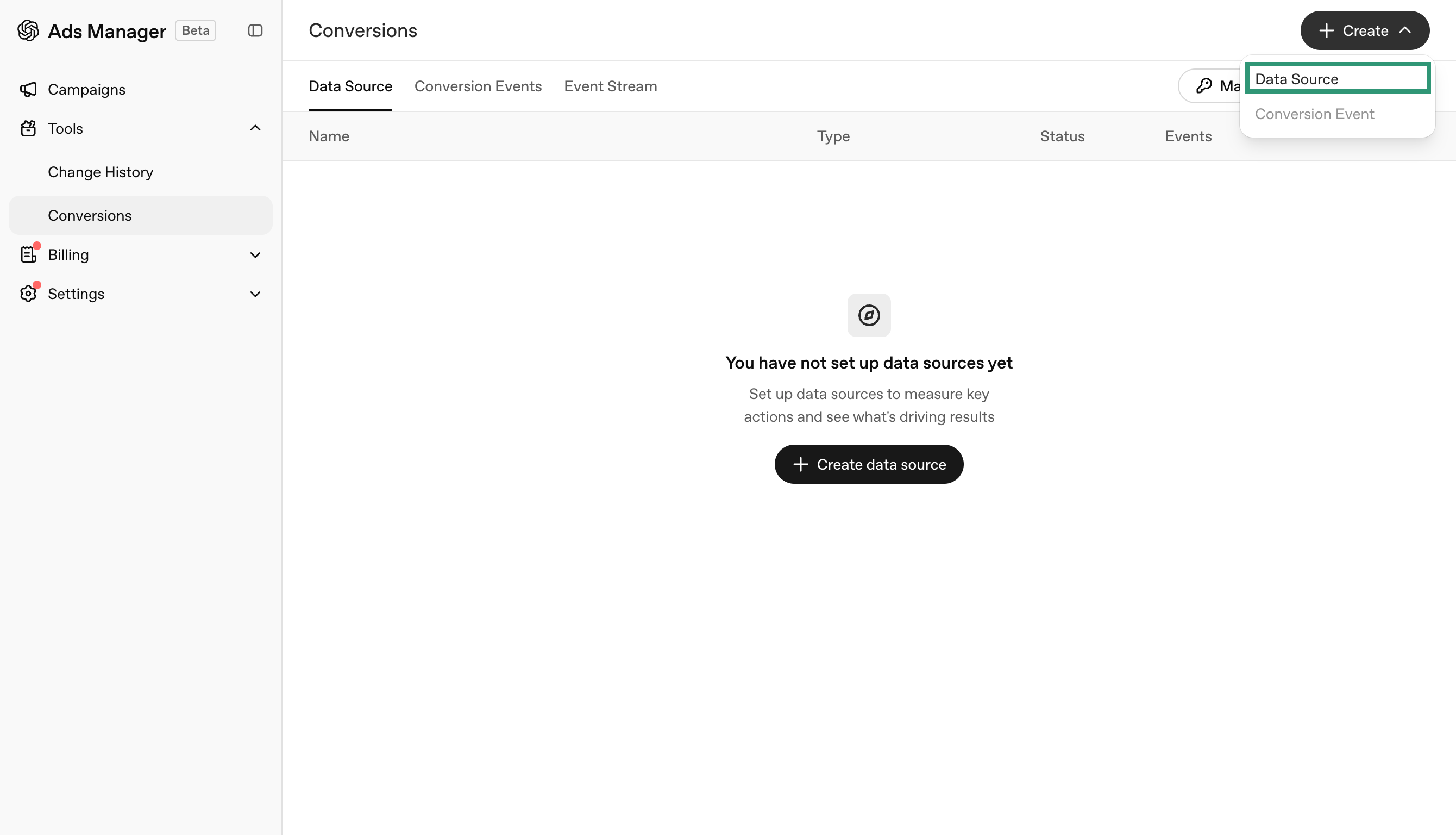 Create menu with the Data Source option in OpenAI Ads Manager