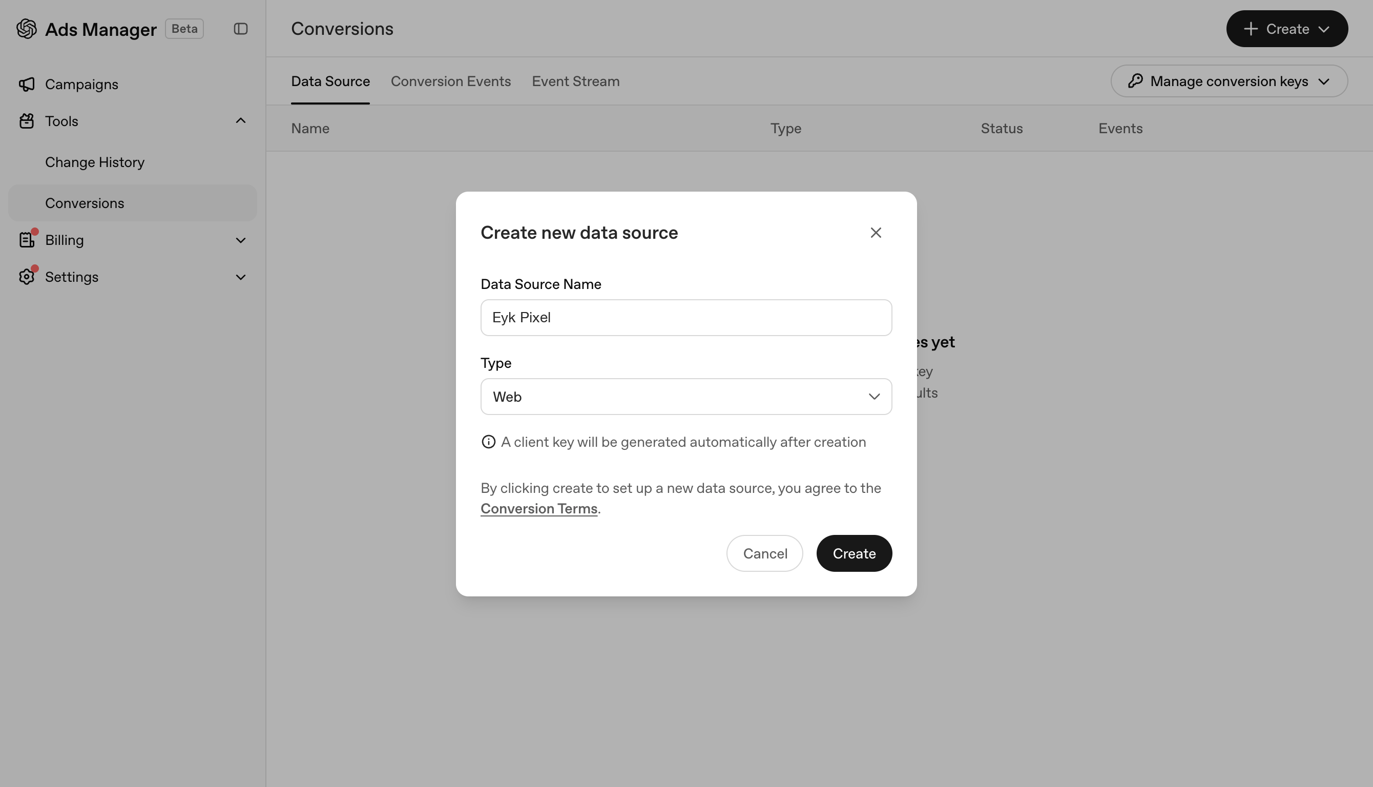 Create new data source dialog