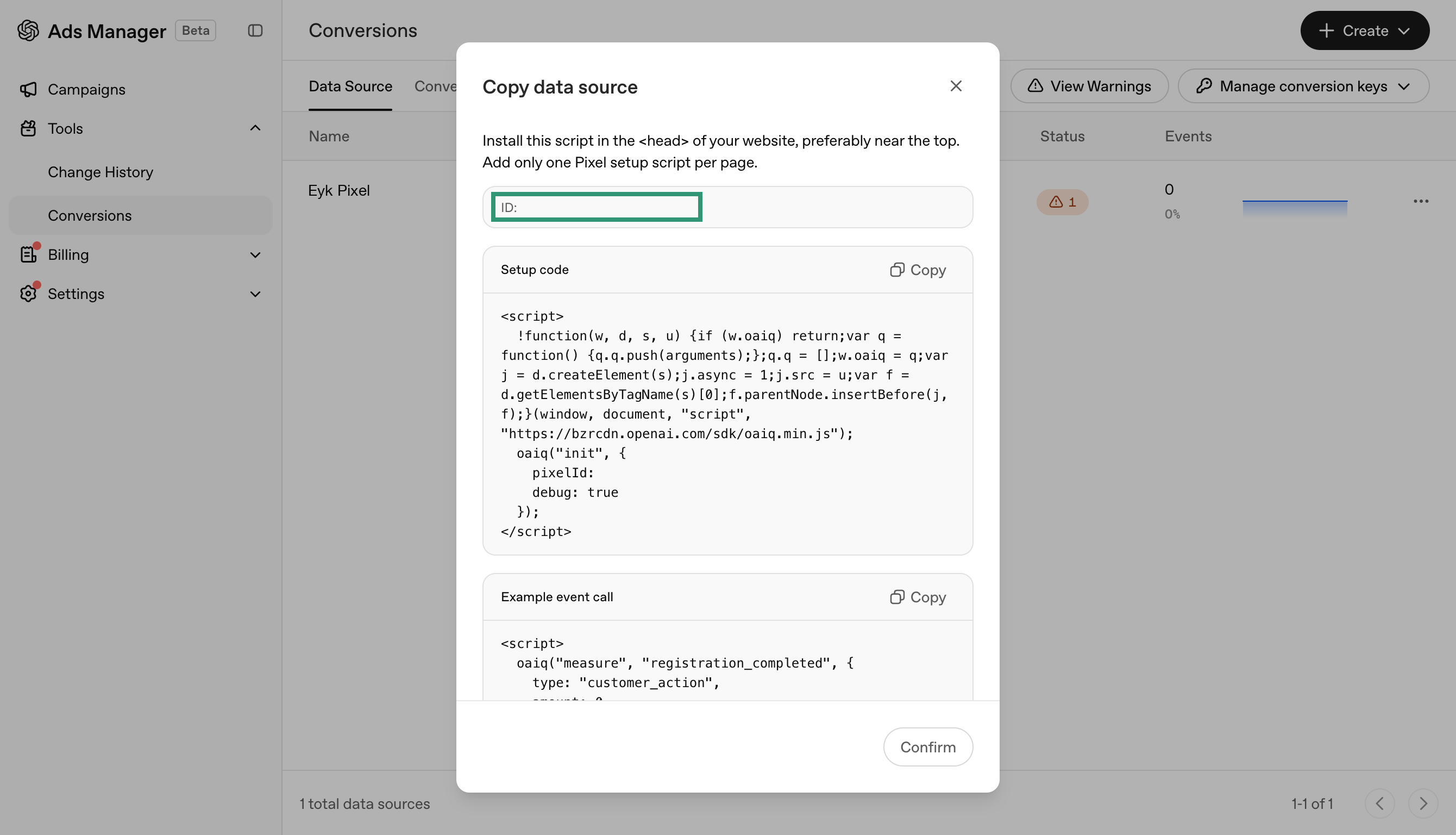 Data source ID on the Copy data source screen