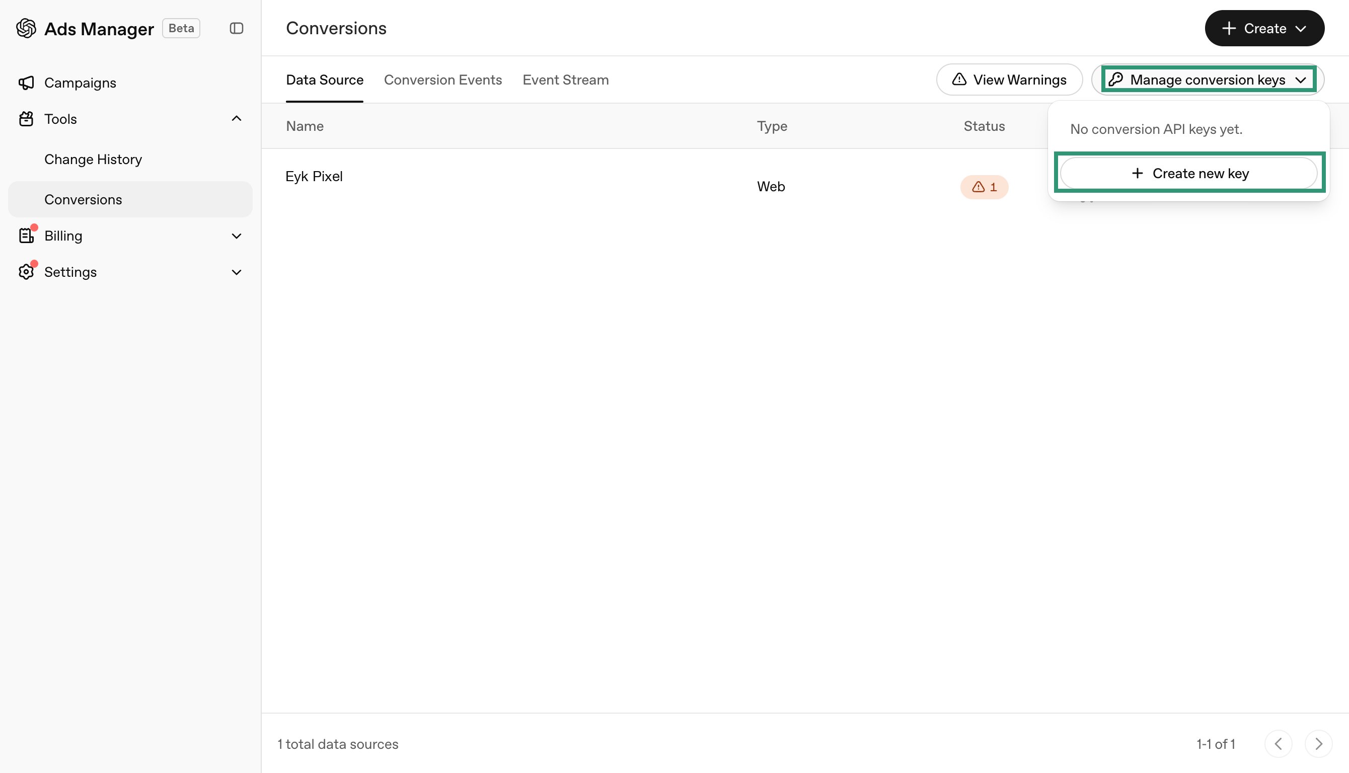 Manage conversion keys menu with the Create new key button